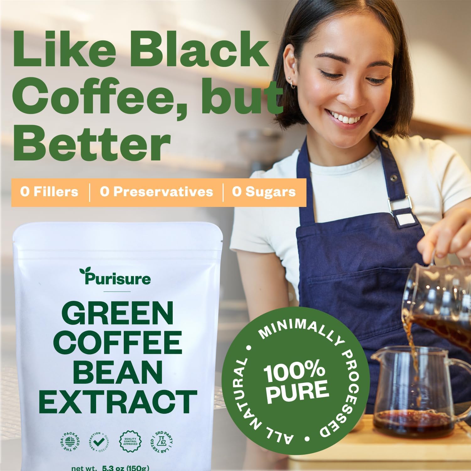 150g Purisure Green Coffee Bean Extract with Chlorogenic Acid - Natural Body Detox & Appetite Suppressant for Energy - 750 Servings for Women & Men