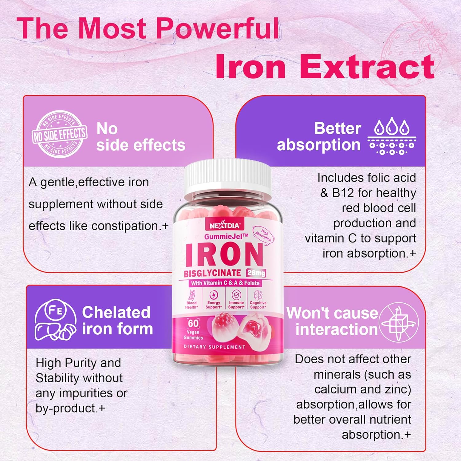 15mg L-MethylFolate + 26mg Iron Bisglycinate Gummies for Daily Nutrition Boost