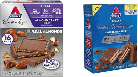 16 Count Atkins Endulge Almond Craze Bars & 5 Count Chocolate Crème Protein Wafer Crisps Bundle