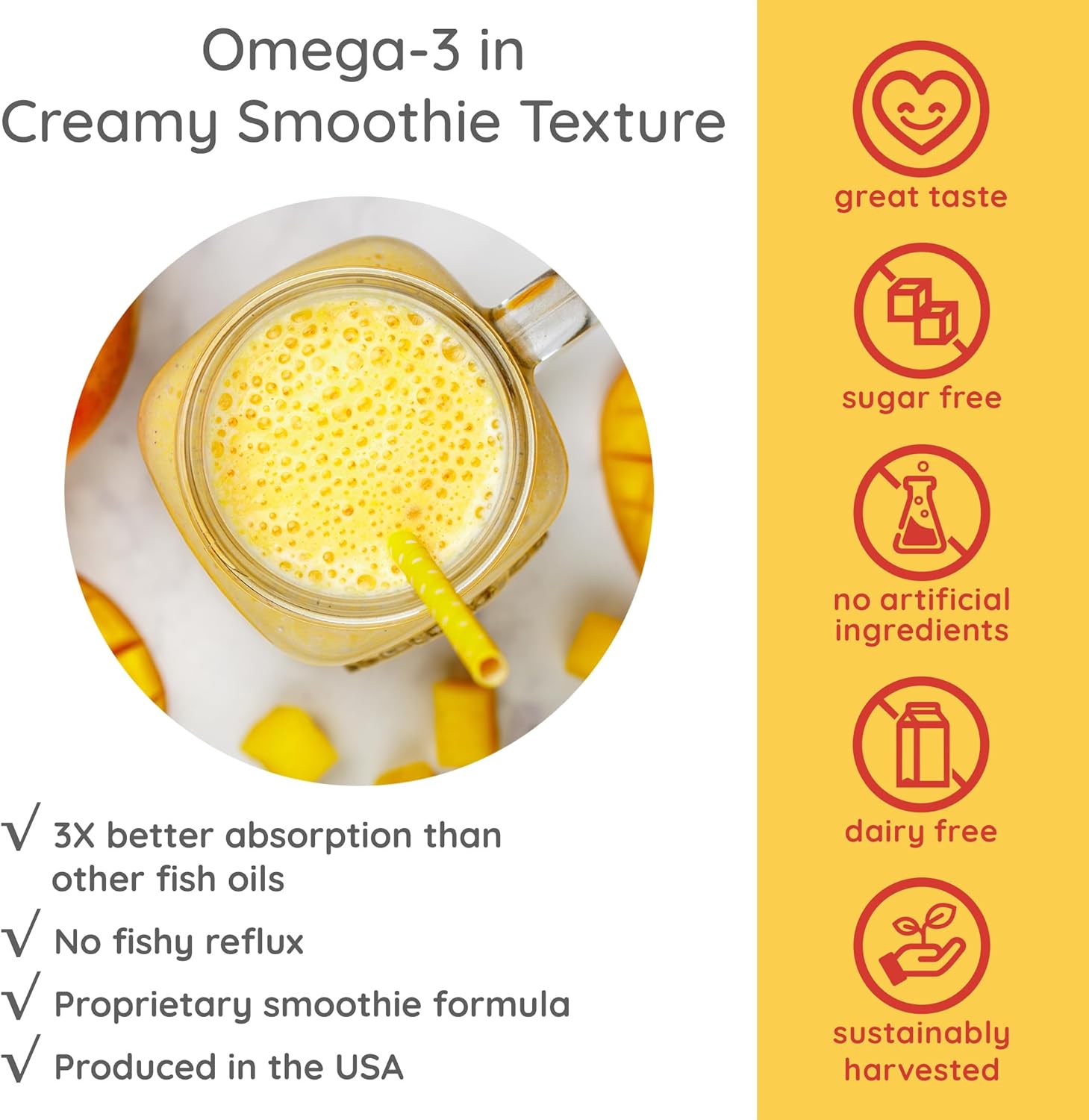 16 fl oz Omega-3 Fish Oil Smoothie for Heart & Brain Health - Dairy & Sugar Free Mango Flavor