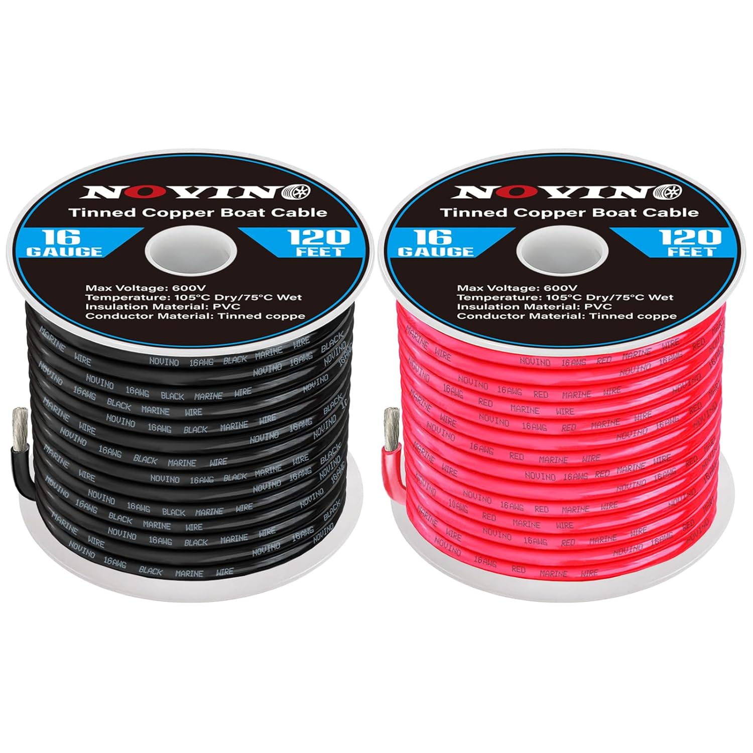 16 Gauge Marine Wire Bundle - 120FT Red & 120FT Black - Tinned Copper Electrical Cable for Boat, Automotive, Speakers, Lighting - Marine Grade Wire for Solar, Outdoor, RV, Camper Trailer