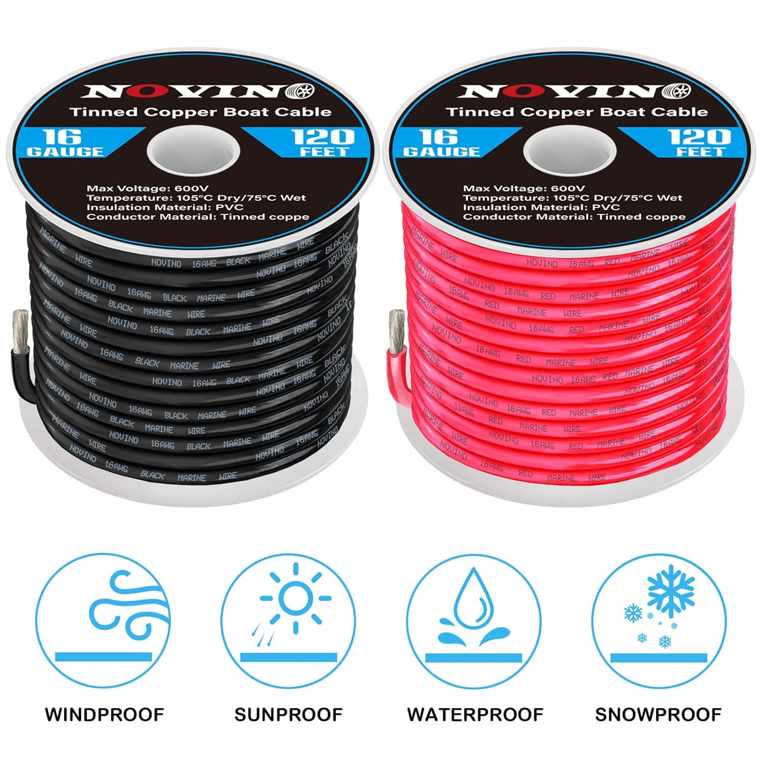 16 Gauge Marine Wire Bundle - 120FT Red & 120FT Black - Tinned Copper Electrical Cable for Boat, Automotive, Speakers, Lighting - Marine Grade Wire for Solar, Outdoor, RV, Camper Trailer