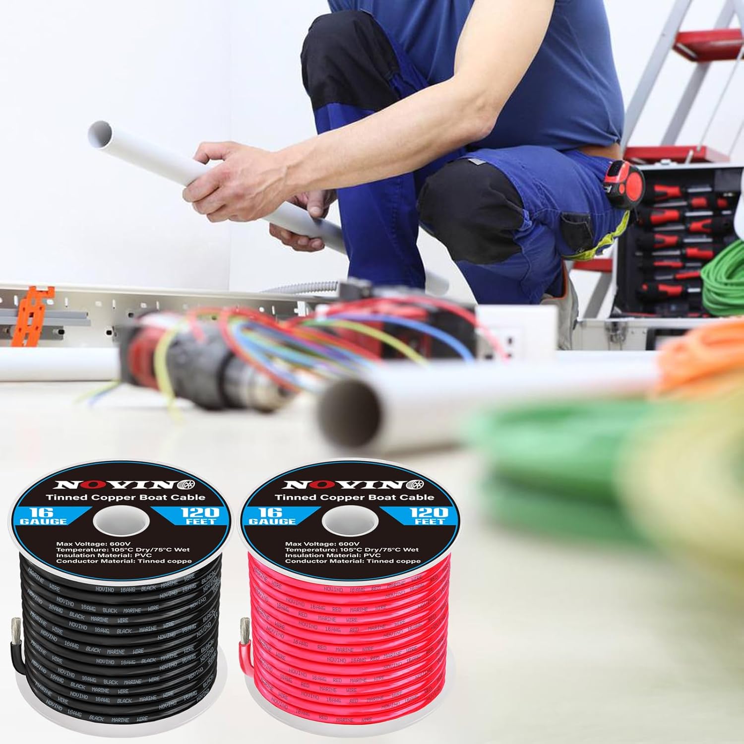 16 Gauge Marine Wire Bundle - 120FT Red & 120FT Black - Tinned Copper Electrical Cable for Boat, Automotive, Speakers, Lighting - Marine Grade Wire for Solar, Outdoor, RV, Camper Trailer