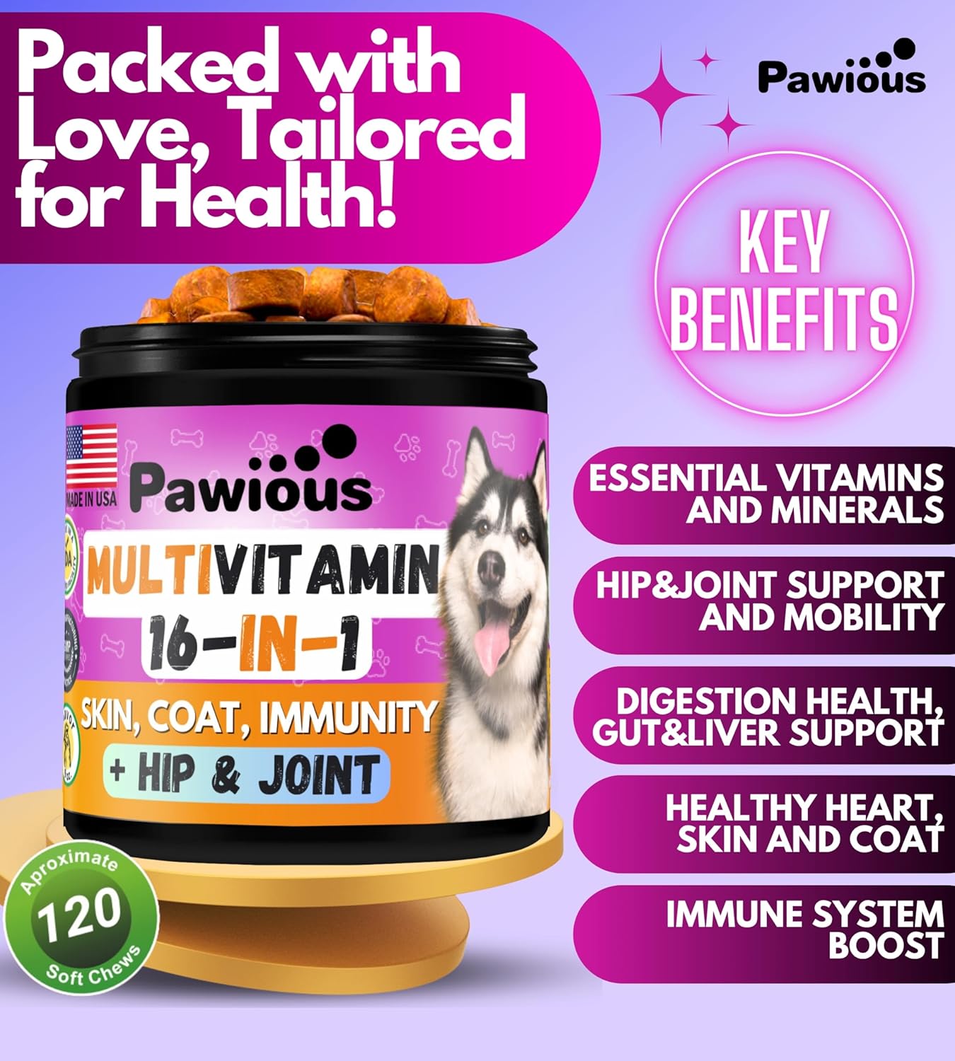 16-in-1 Dog Multivitamin Chewable with Glucosamine for Hip & Joint Support, Immunity, Mobility, Gut, Skin, Heart & Coat
