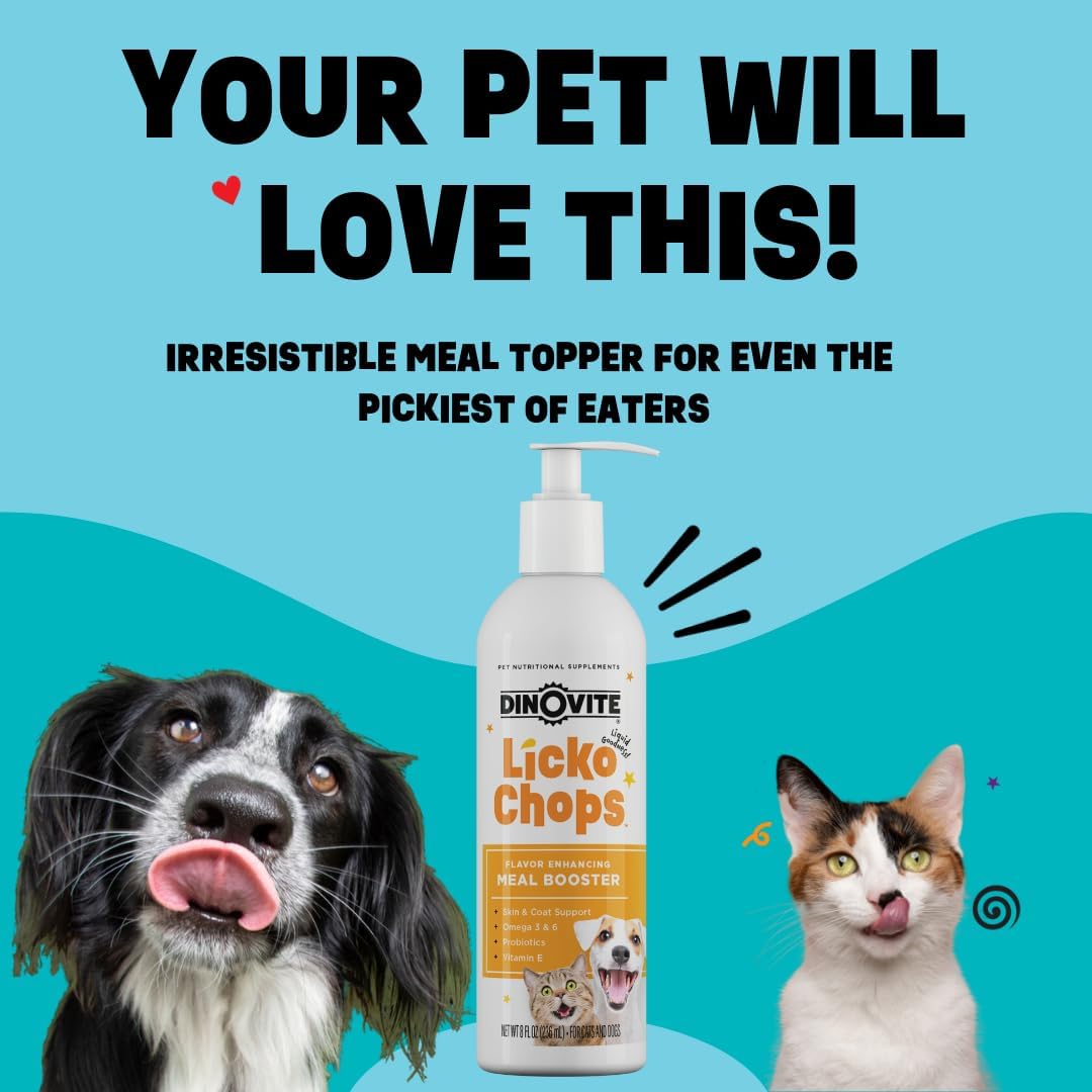 16 oz Dinovite Lickochops Supplement for Dogs & Cats | Omega-6 & 3 Fatty Acids, Probiotics, Vitamin E | Includes Pump