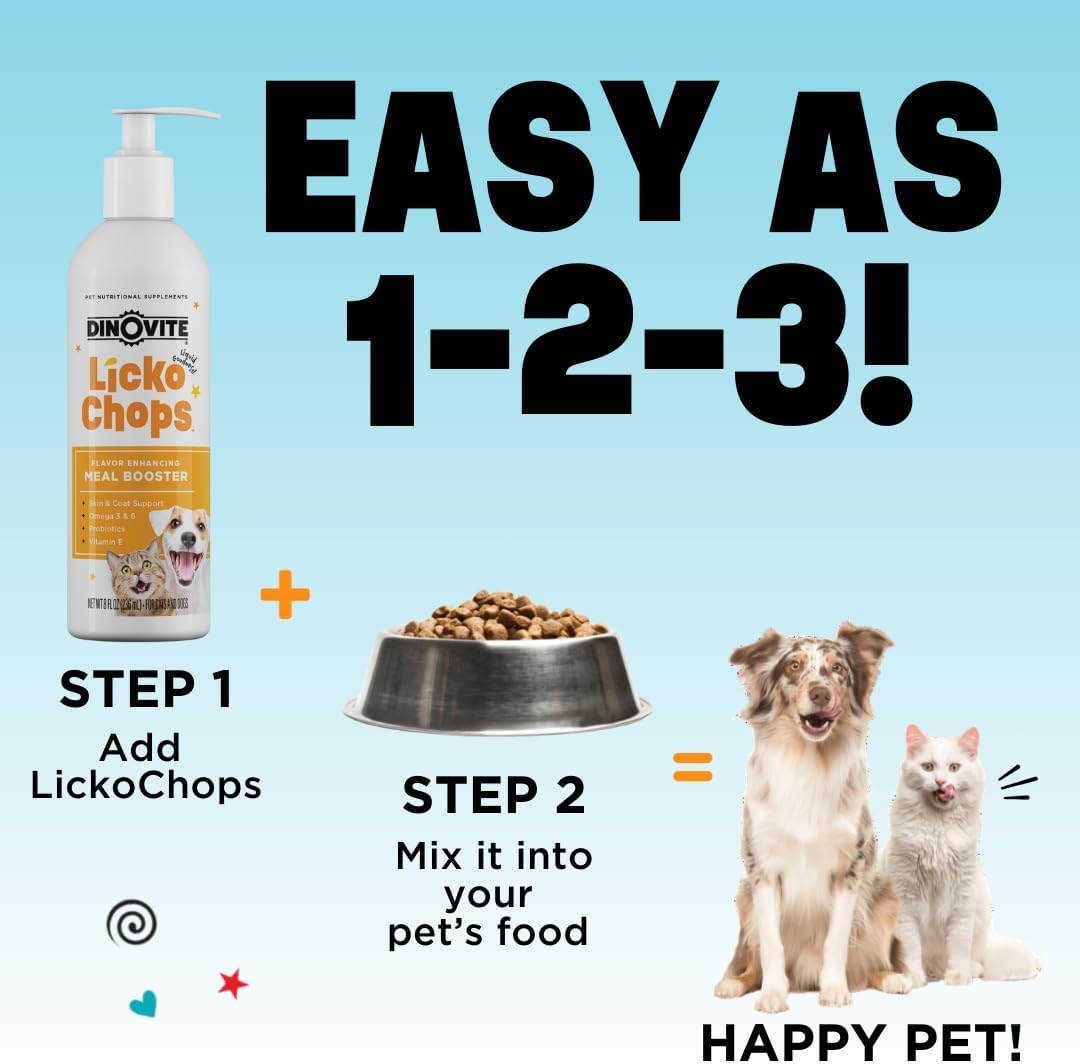 16 oz Dinovite Lickochops Supplement for Dogs & Cats | Omega-6 & 3 Fatty Acids, Probiotics, Vitamin E | Includes Pump
