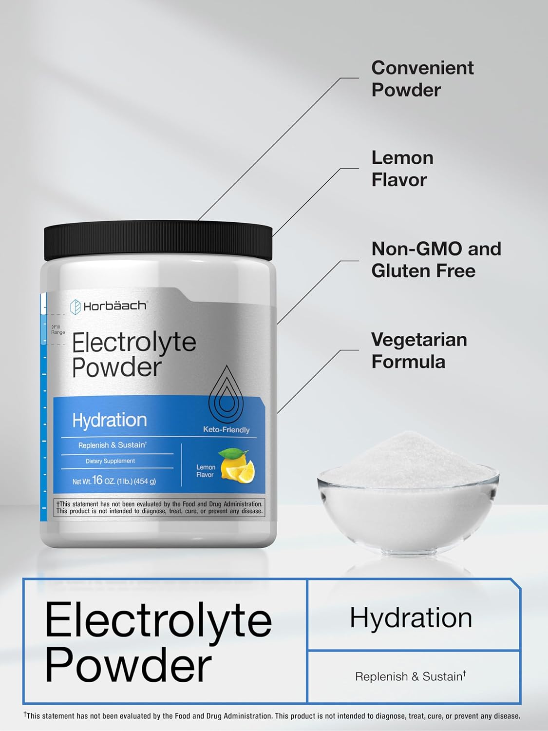 16 oz Horbäach Electrolytes Powder - 130 Servings, Lemon Flavor - Hydration Supplement for Vegetarians, Keto-Friendly, Non-GMO & Gluten Free