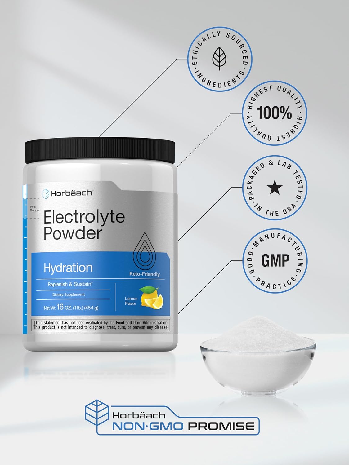 16 oz Horbäach Electrolytes Powder - 130 Servings, Lemon Flavor - Hydration Supplement for Vegetarians, Keto-Friendly, Non-GMO & Gluten Free