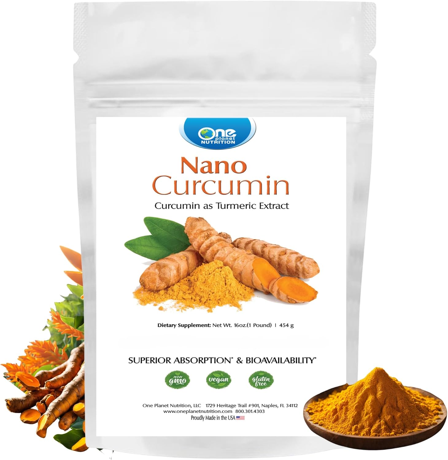 16 oz Nano Curcumin Powder - Pure Turmeric Extract for Maximum Absorption, 454 Servings, Non-GMO, Vegan, Gluten-Free