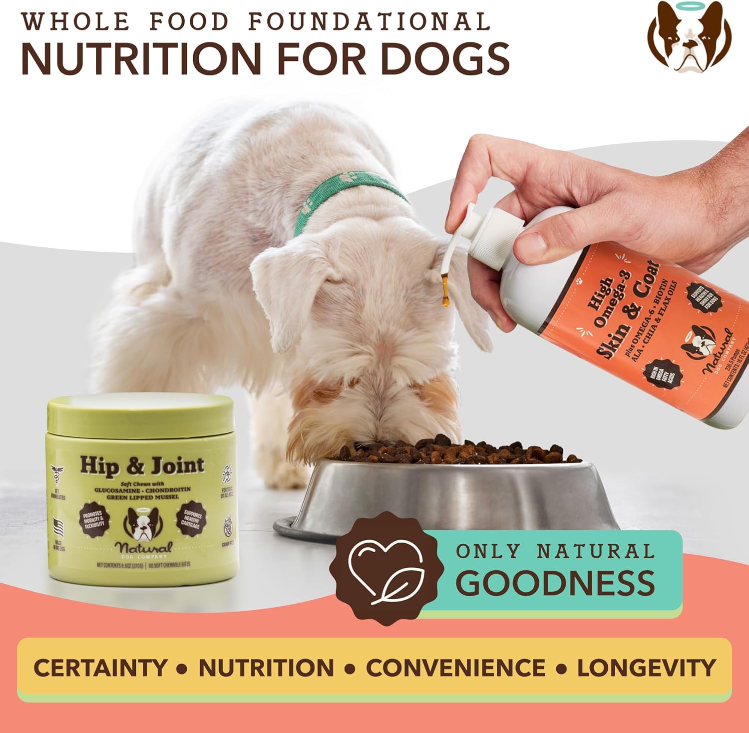 16 oz. Natural Dog Company Skin & Coat Oil with Fish & Flaxseed Oil, Fatty Acids & Antioxidant Support, Soft Coat & Skin Health for Dogs, Pump Bottle