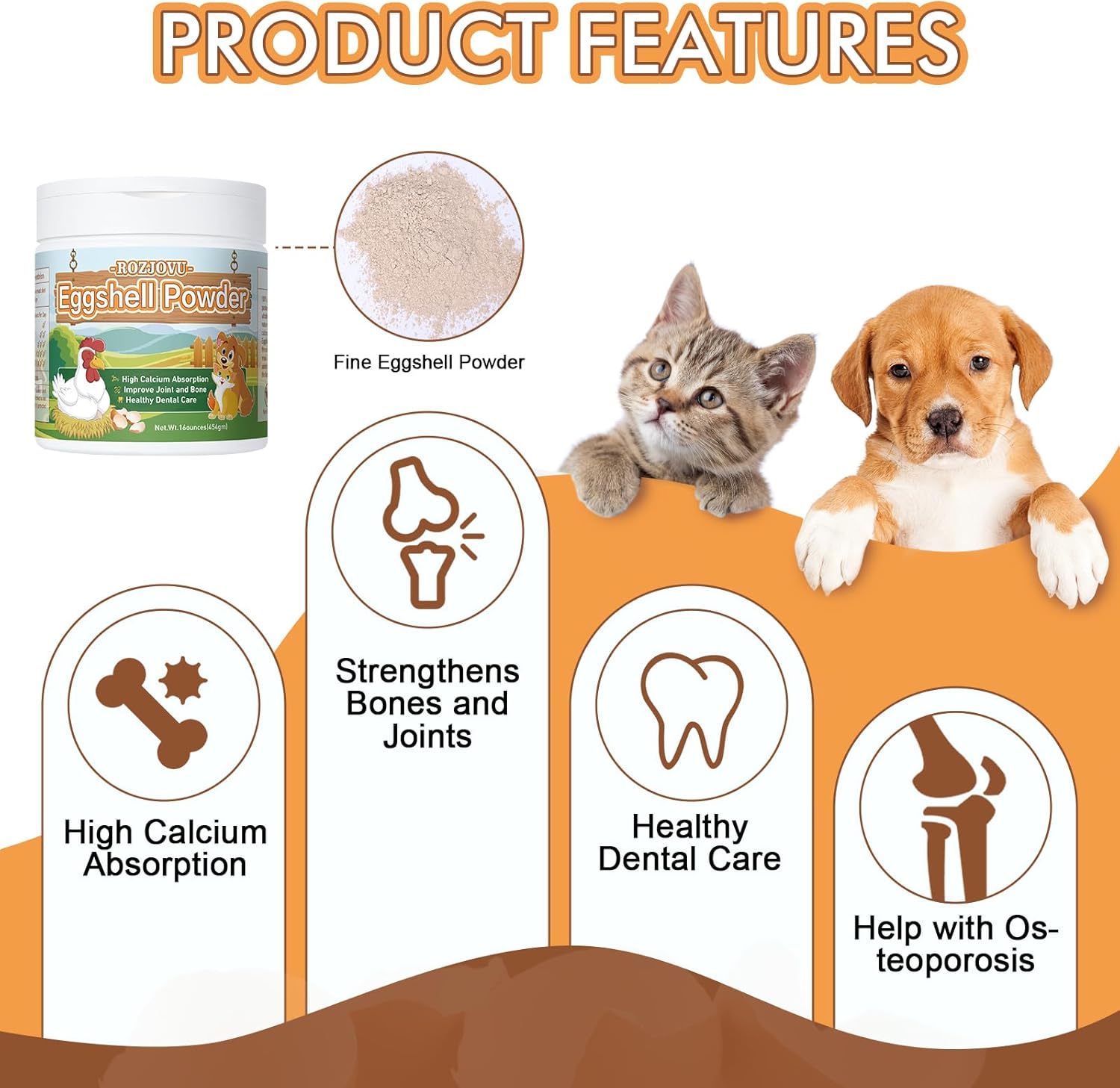 16 oz ROZJOVU Eggshell Powder: Calcium Supplement for Dogs & Cats, Supports Bone & Joint Health, Osteoporosis Relief & Heart Health