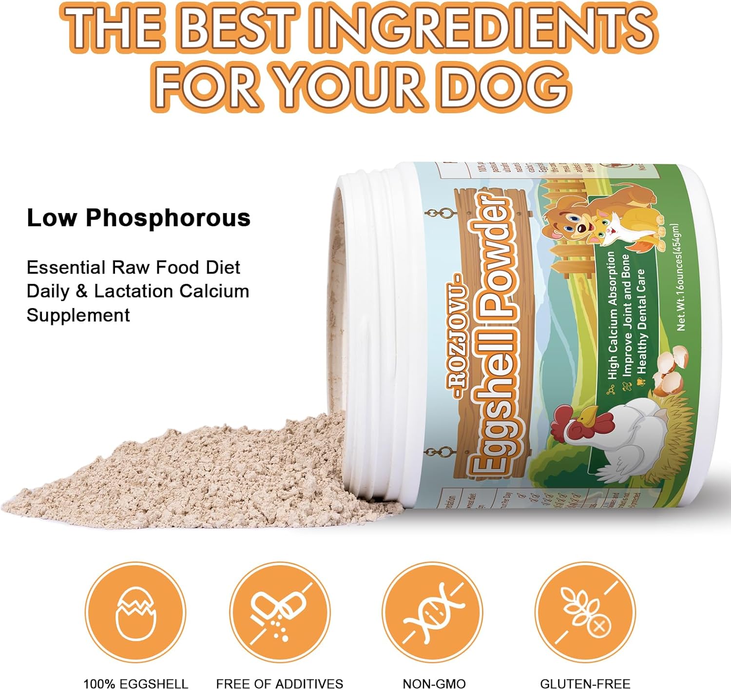 16 oz ROZJOVU Eggshell Powder: Calcium Supplement for Dogs & Cats, Supports Bone & Joint Health, Osteoporosis Relief & Heart Health
