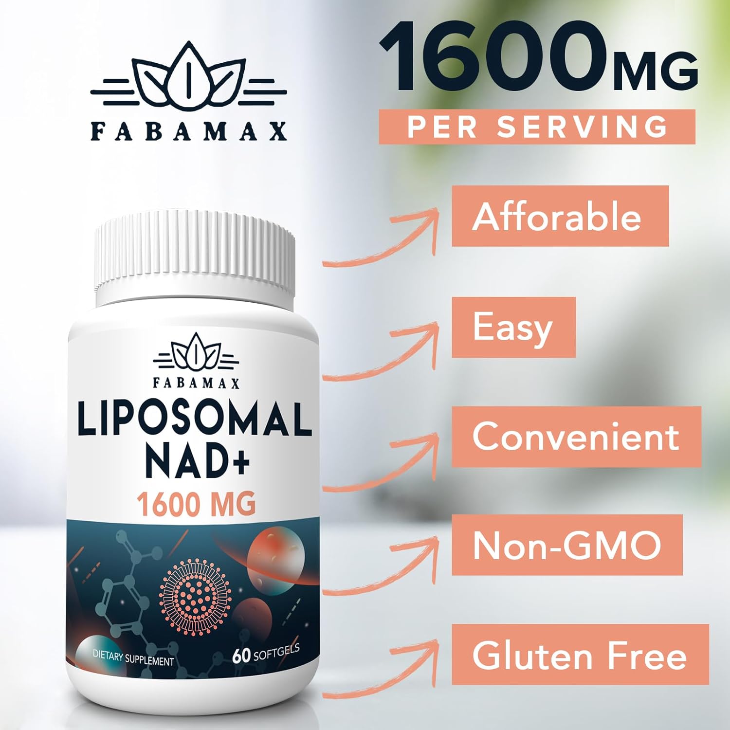 1600 mg Liposomal NAD Supplement for Aging Defense & Energy - 98% Pure NAD+ - Superior Absorption - Alternative to NR or NADH - 480 Softgels