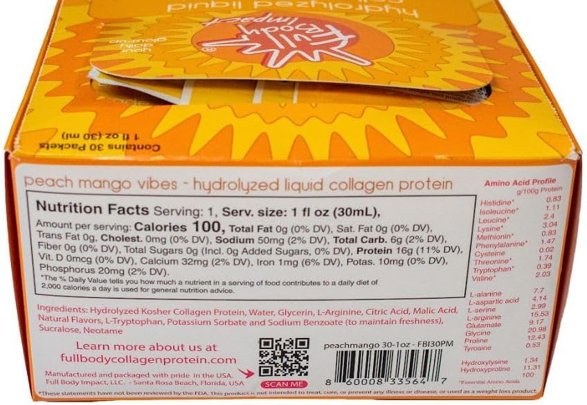 16,000mg Liquid Collagen Protein Supplement for Hair, Skin, Nails & Joints - Box of 30, Peach Mango Flavor, Sugar Free