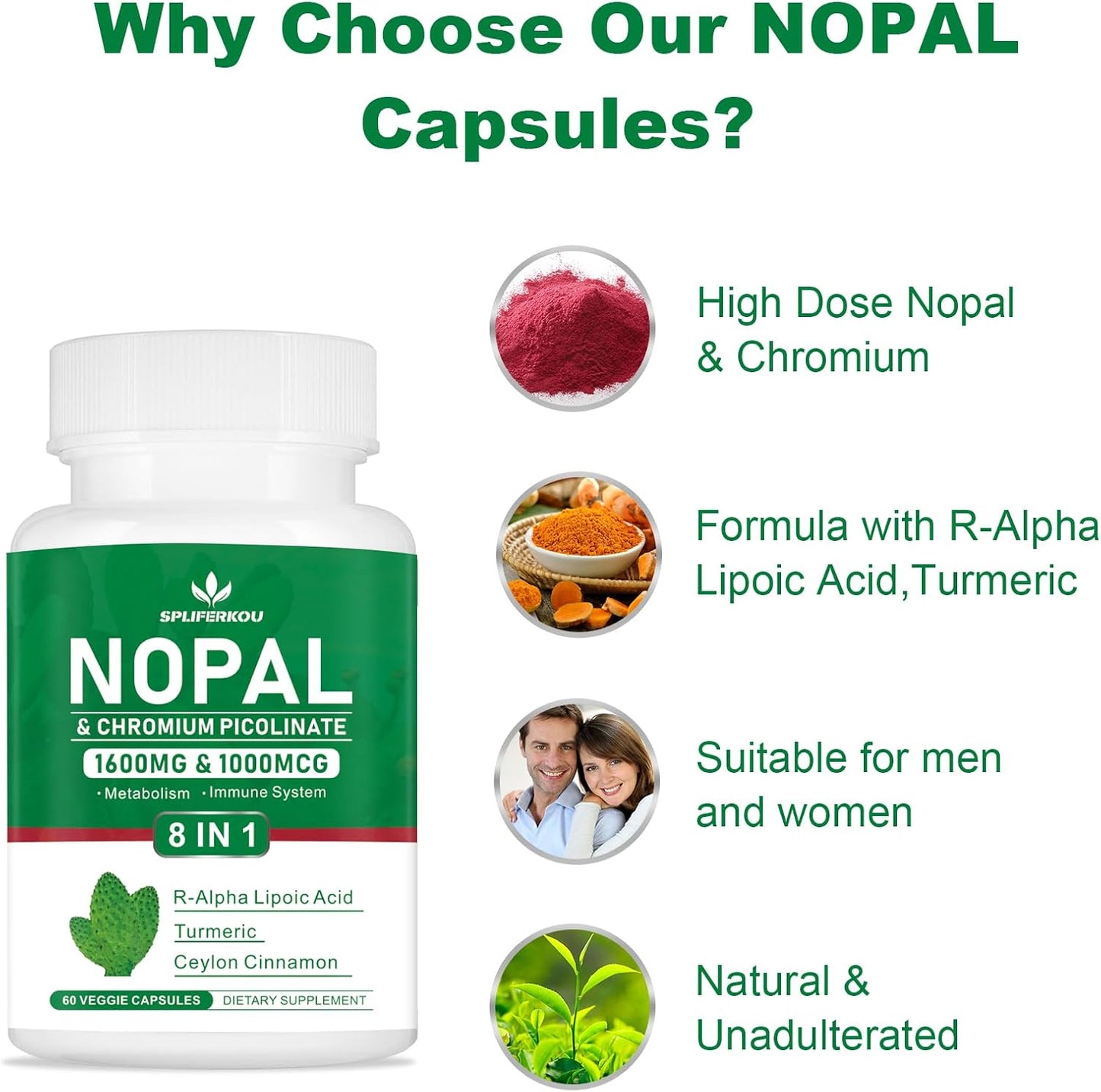 1600mg Super Nopal Prickly Pear Supplement with R-Alpha Lipoic Acid & Turmeric - 120 Capsules