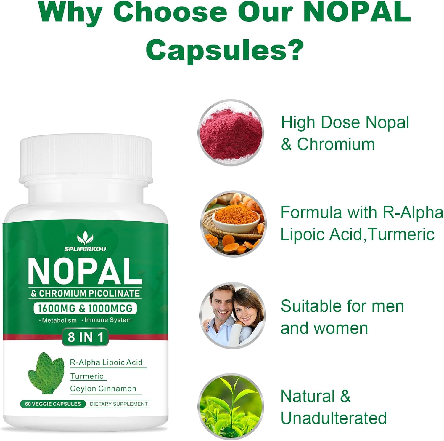 1600mg Super Nopal Prickly Pear Supplement with R-Alpha Lipoic Acid & Turmeric - 120 Capsules
