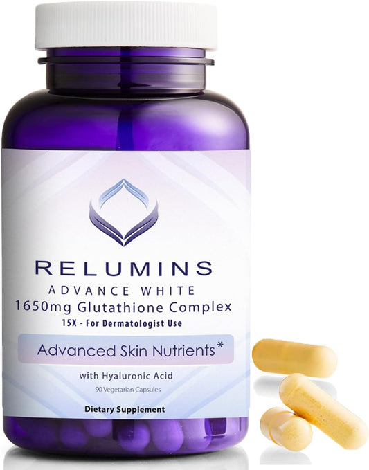 1650mg Relumins Glutathione Complex with Hyaluronic Acid, Alpha Lipoic Acid, Rose HIPS, Riboflavin, Vitamin E - 90 Capsules - Veggie Supplement