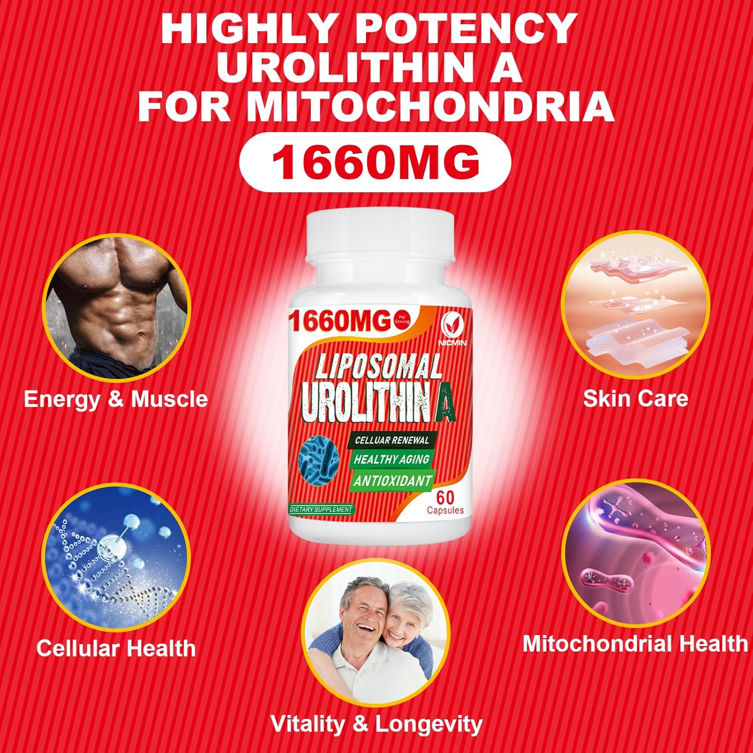 1660MG Liposomal Urolithin A Supplement - 60 Capsules by NICMIN
