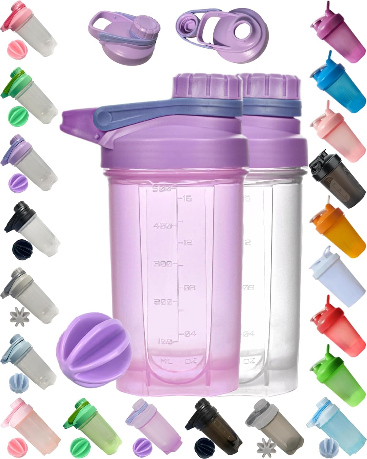 16oz Purple Shaker Bottle with New Whisk Ball Blender, Microwave Safe, BPA Free, Leak Proof, Dishwasher Safe - Ideal for Protein Powder and Fruit Juice Mixing