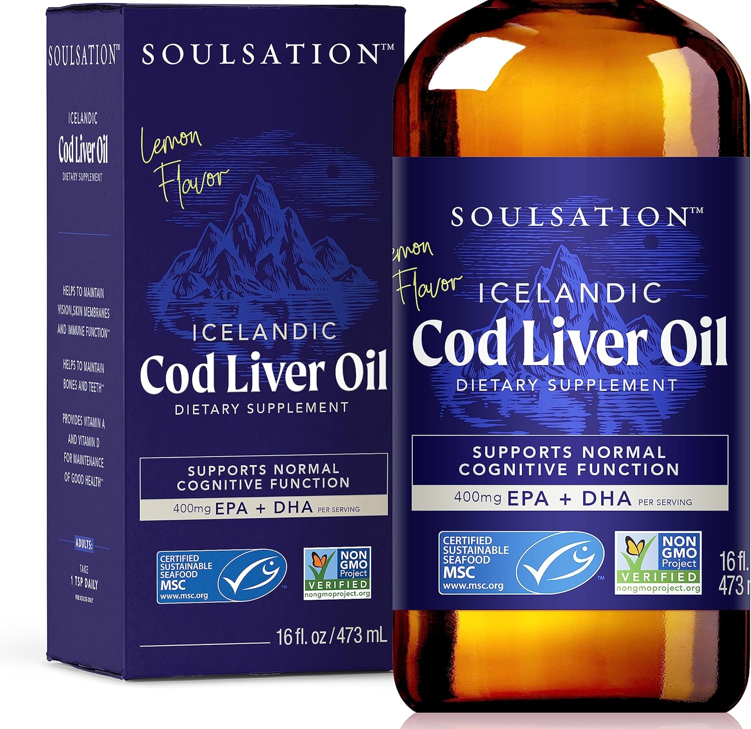 16oz SOULSATION Icelandic Cod Liver Oil Liquid with Lemon Flavor - Rich in Vitamins A & D, EPA & DHA - Supports Vision, Skin, & Immune System - MSC Certified, Non-GMO