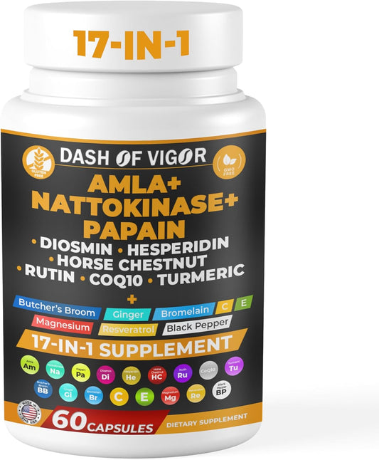 17-in-1 Amla Extract Papain Nattokinase Diosmin Hesperidin CoQ10 Turmeric Horse Chestnut Vitamin C Rutin Supplement