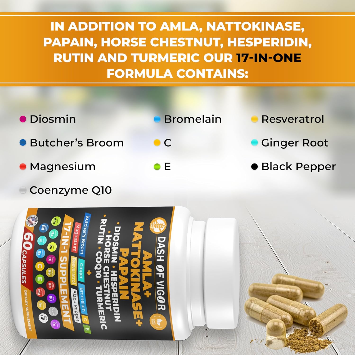 17-in-1 Amla Extract Papain Nattokinase Diosmin Hesperidin CoQ10 Turmeric Horse Chestnut Vitamin C Rutin Supplement
