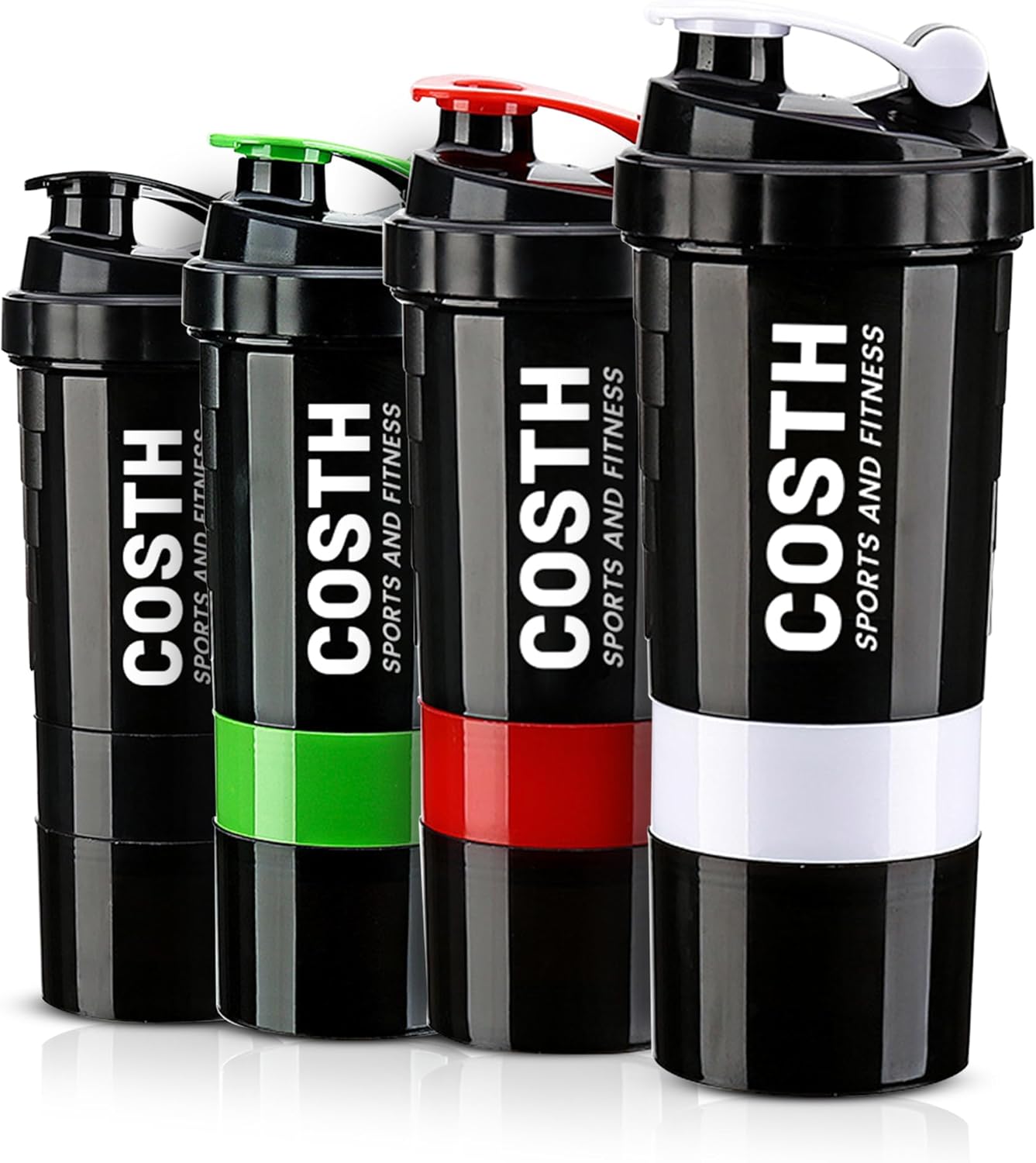 17 Oz Multi-Compartment Shaker Bottle with 4-Pack Set - BPA-Free, Leakproof, Protein Mixer & Supplement Storage