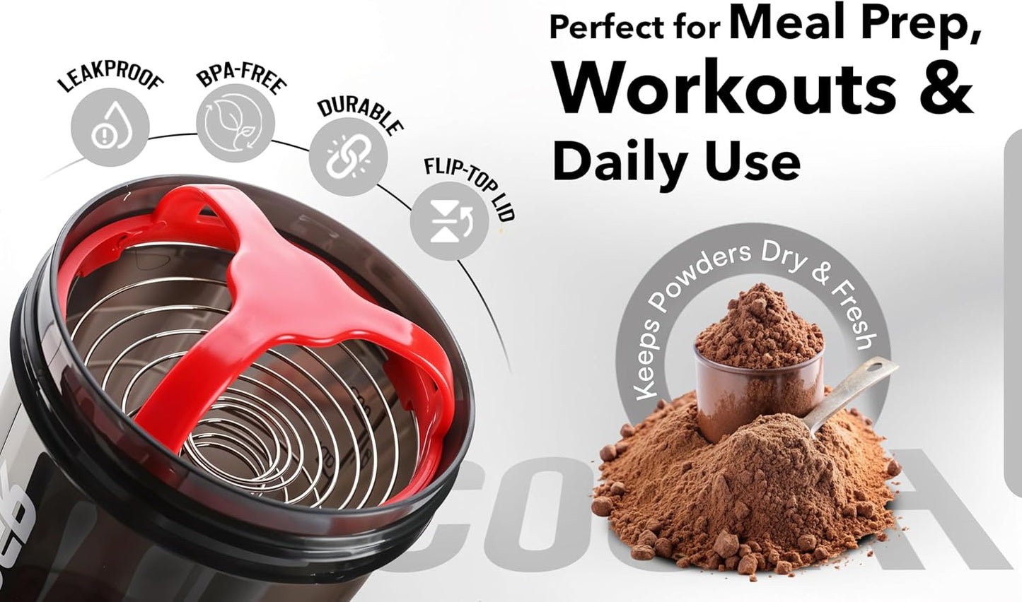 17 Oz Multi-Compartment Shaker Bottle with 4-Pack Set - BPA-Free, Leakproof, Protein Mixer & Supplement Storage