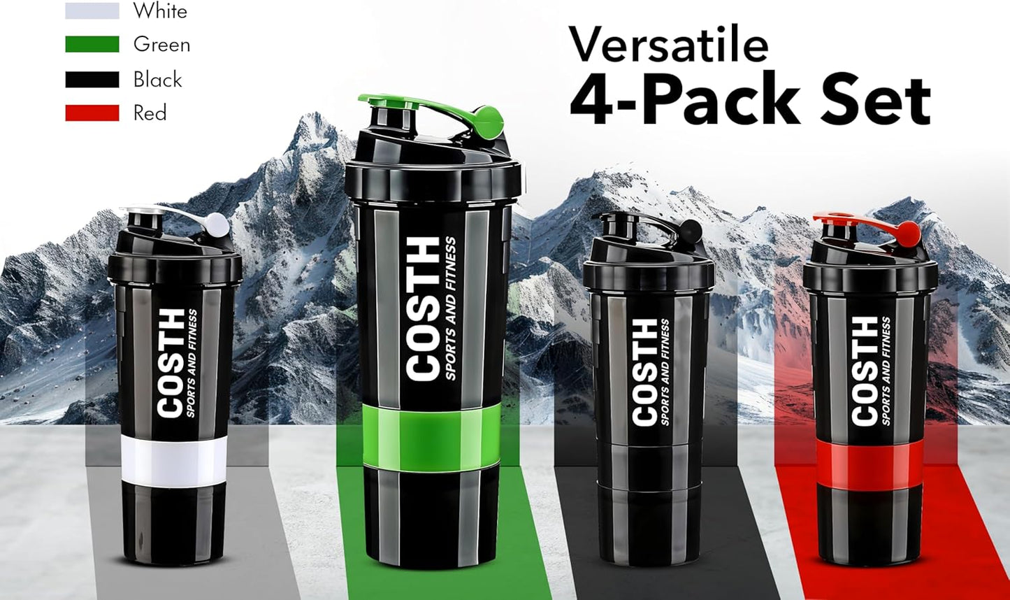 17 Oz Multi-Compartment Shaker Bottle with 4-Pack Set - BPA-Free, Leakproof, Protein Mixer & Supplement Storage