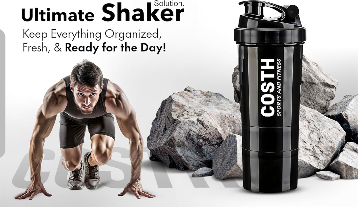 17 Oz Multi-Compartment Shaker Bottle with 4-Pack Set - BPA-Free, Leakproof, Protein Mixer & Supplement Storage