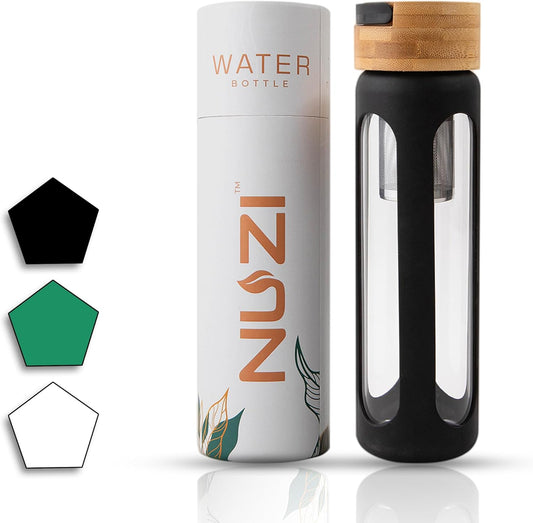 18 oz NUZI Glass Water Bottle with Stainless Steel Fruit Infuser, Bamboo Lid, and Silicone Sleeve - BPA Free, Leakproof, Insulated - Black