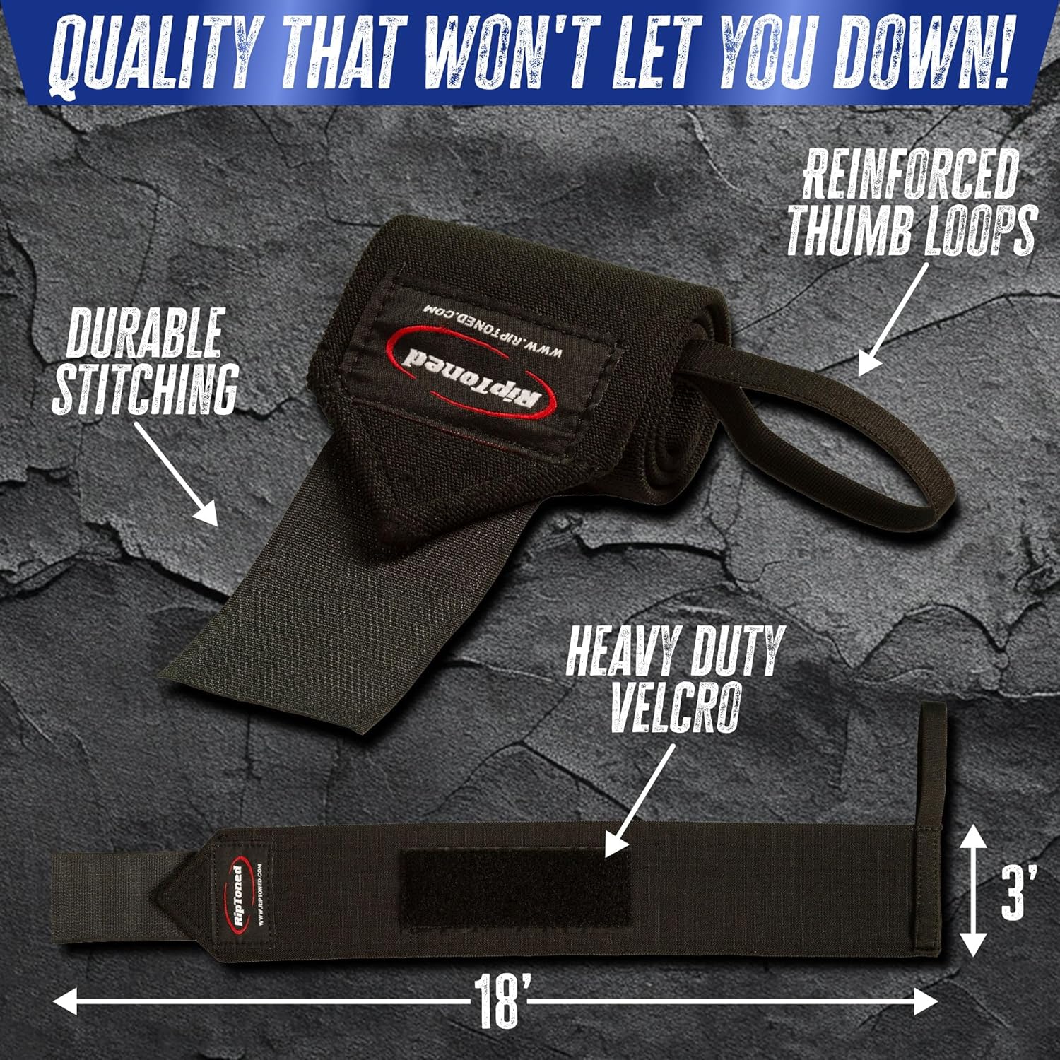 18" Rip Toned Wrist Wraps - Adjustable Wrist Straps for Weightlifting - Support & Protect Wrists - Durable & Washable - USPA Approved - Men & Women