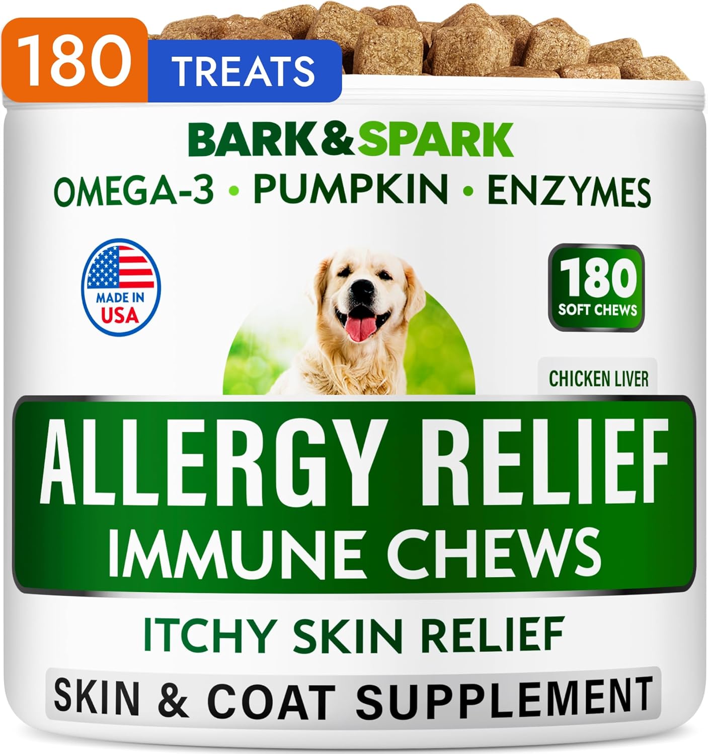 180 Allergy Relief Chews for Dogs - Skin & Coat Supplement with Omega 3 Fish Oil - Anti-Itch Treatment Pills for Itchy Skin, Paw Licking, Dry Skin, and Hot Spots
