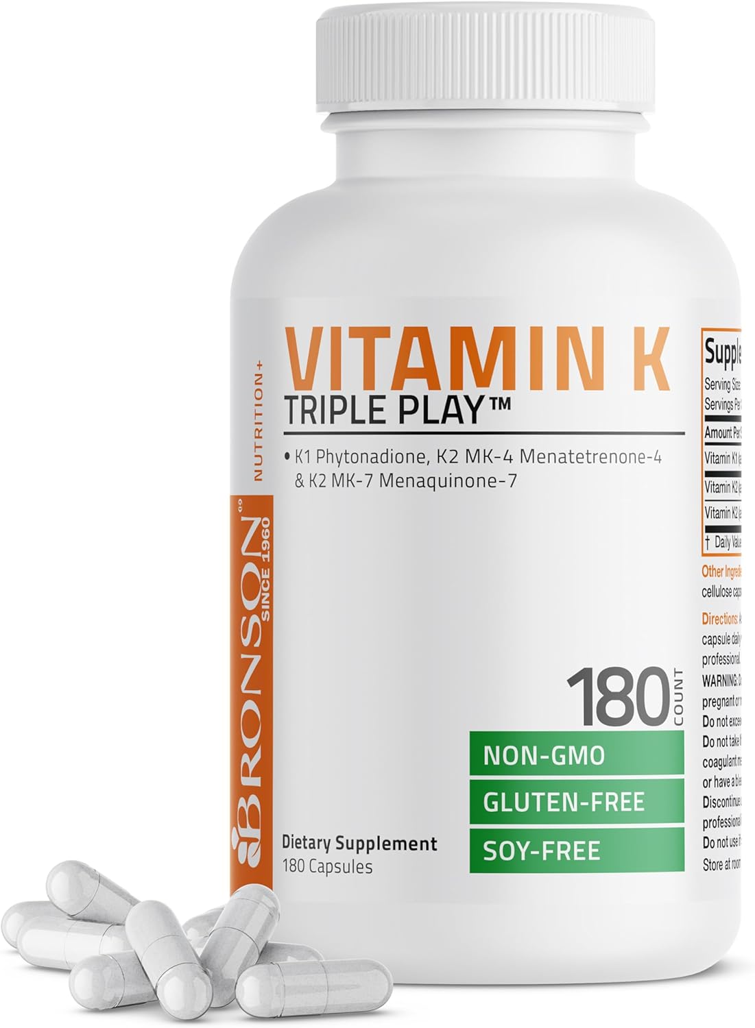 180 Capsules Bronson Vitamin K Triple Play Full Spectrum Complex Supplement - K1, K2 MK4 & K2 MK7