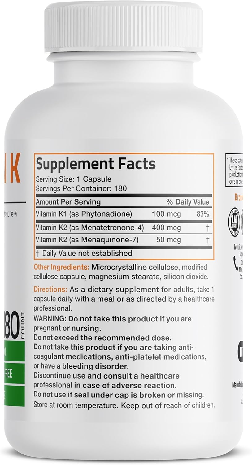 180 Capsules Bronson Vitamin K Triple Play Full Spectrum Complex Supplement - K1, K2 MK4 & K2 MK7