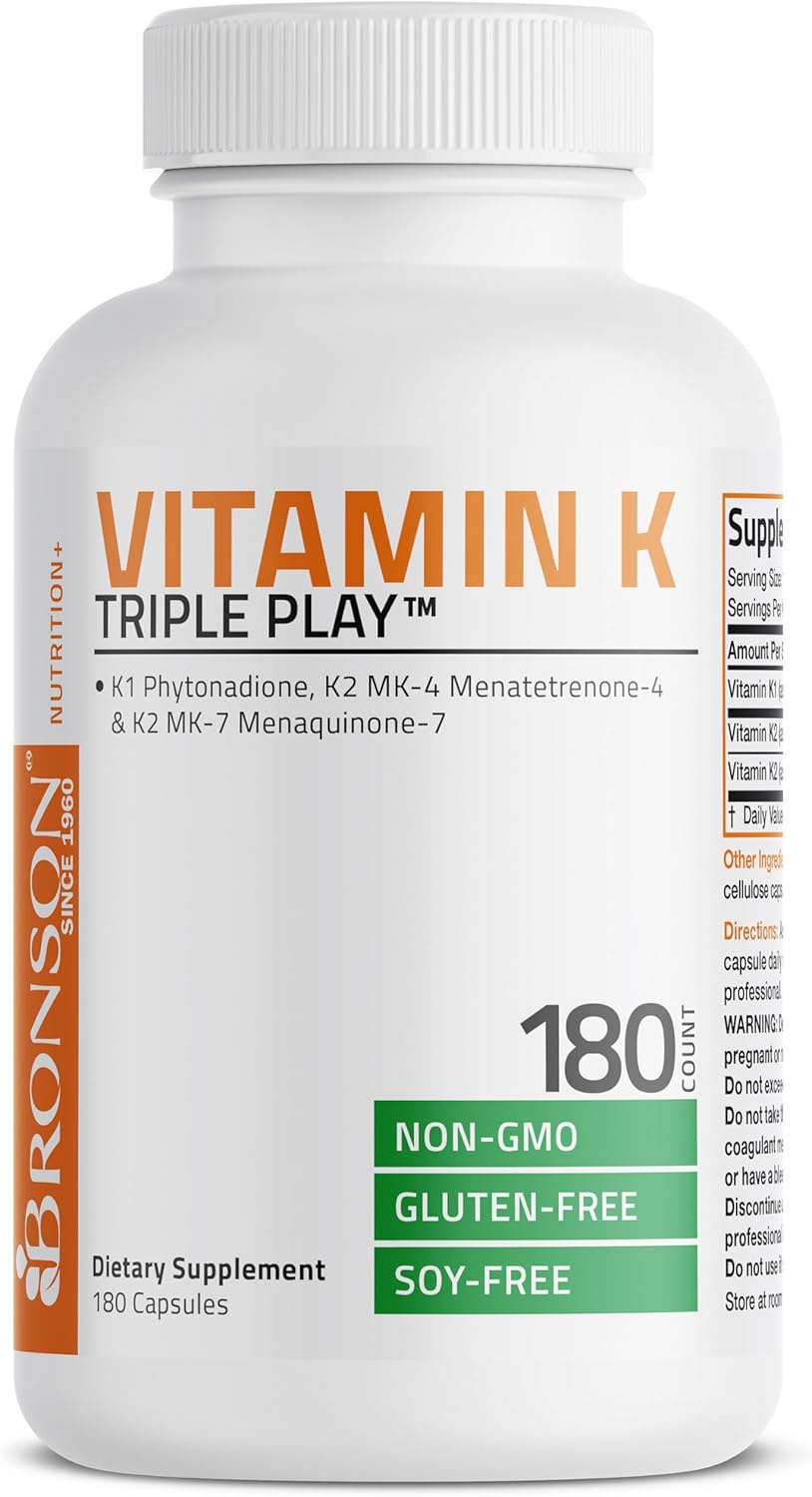 180 Capsules Bronson Vitamin K Triple Play Full Spectrum Complex Supplement - K1, K2 MK4 & K2 MK7