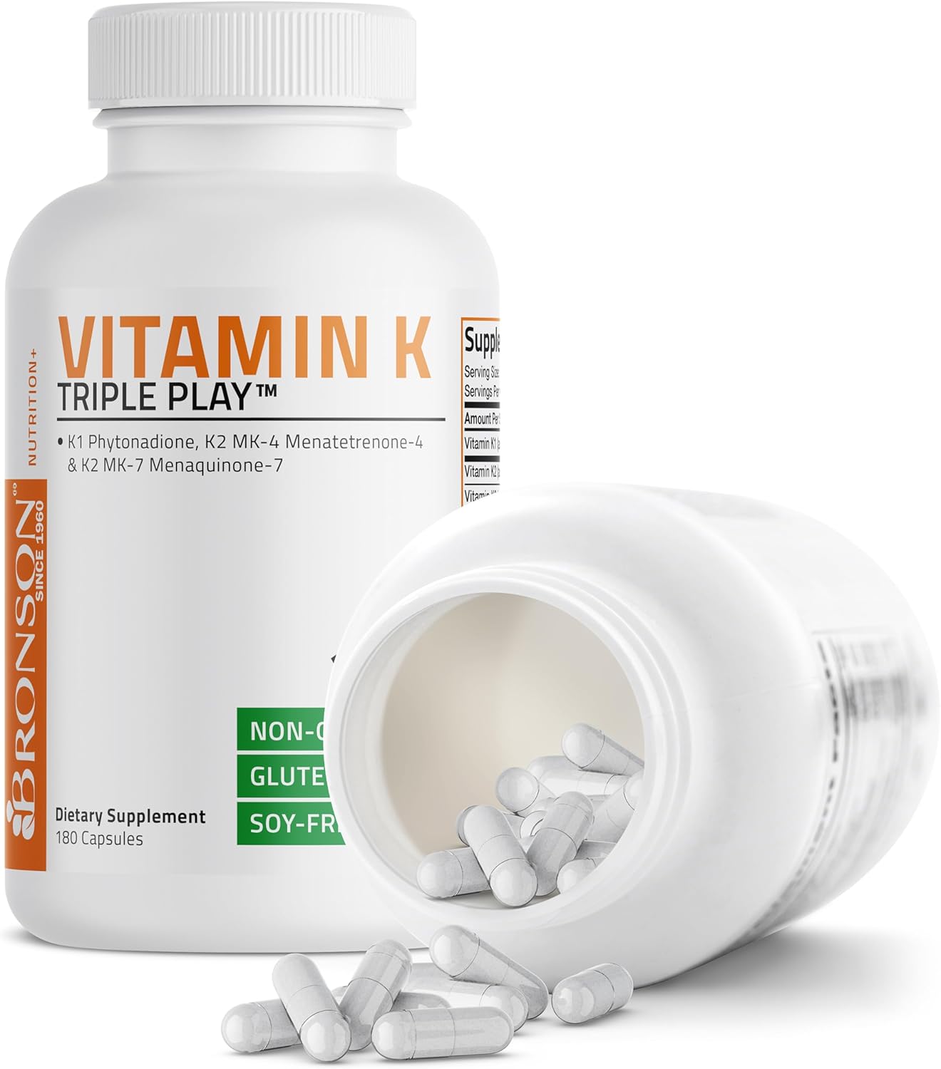 180 Capsules Bronson Vitamin K Triple Play Full Spectrum Complex Supplement - K1, K2 MK4 & K2 MK7