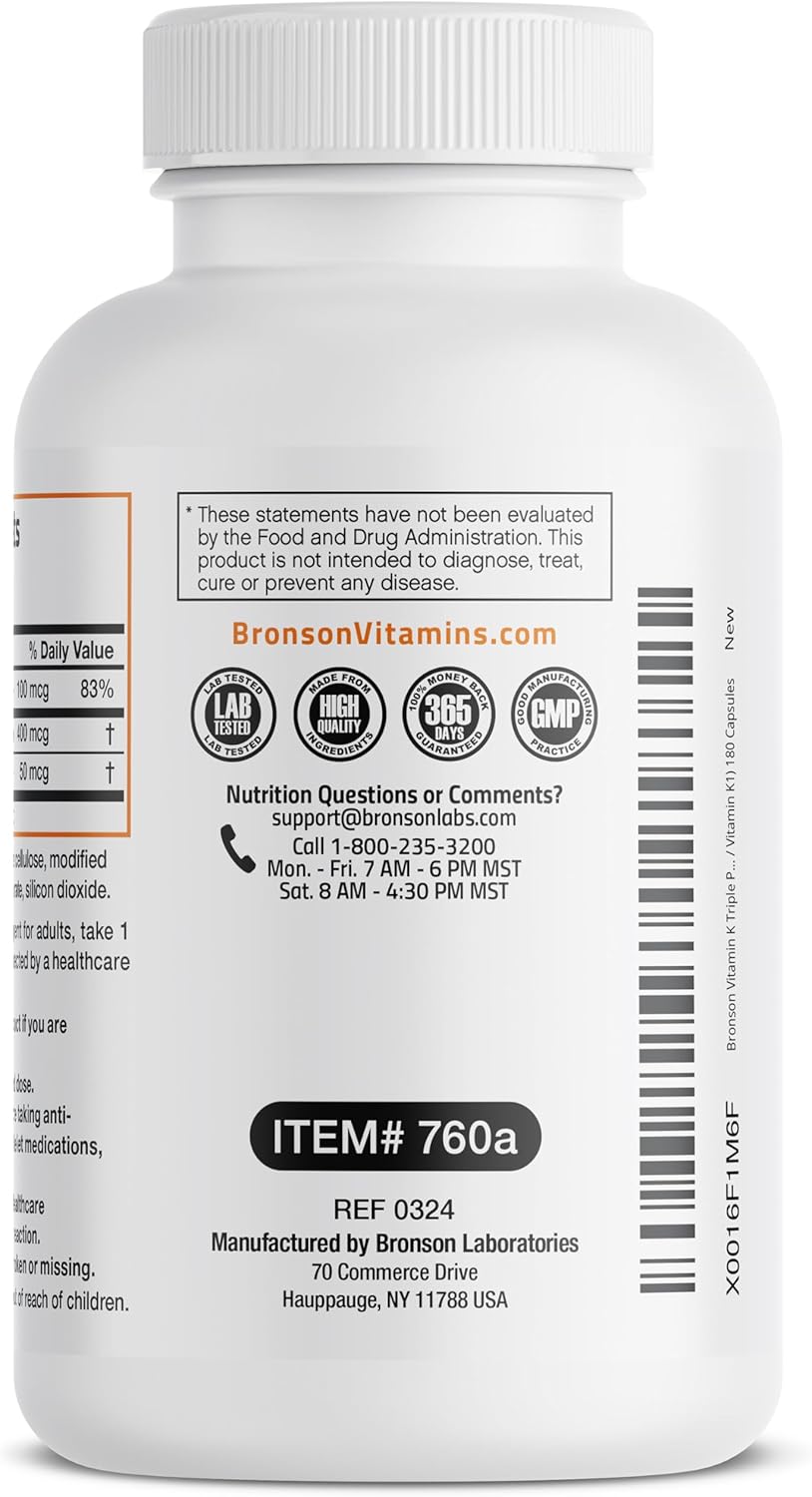 180 Capsules Bronson Vitamin K Triple Play Full Spectrum Complex Supplement - K1, K2 MK4 & K2 MK7