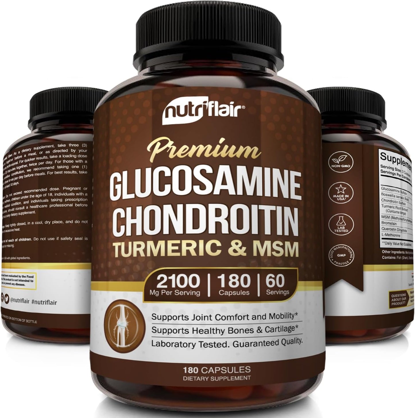 180 Capsules Joint Comfort Supplement with Glucosamine, Chondroitin, Turmeric, MSM, Boswellia - Non-GMO Antioxidant Pills for Back, Knees, Hands, Cartilage