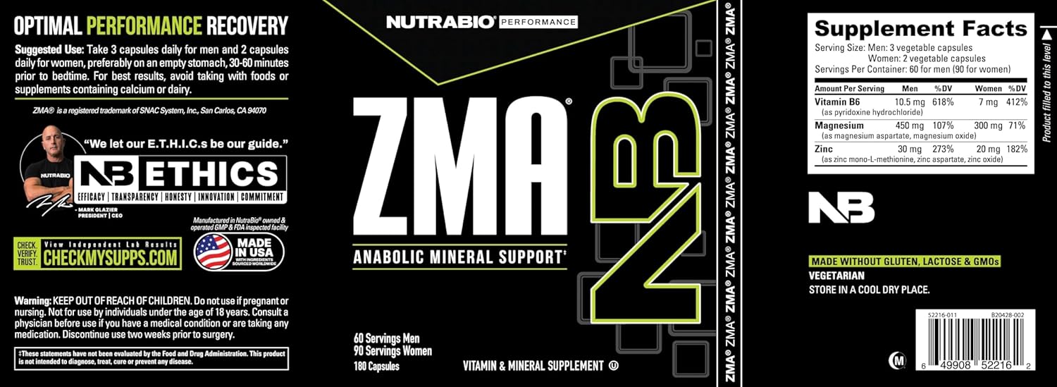 180 Capsules NutraBio ZMA Vegetable Supplement for Anabolic Mineral Support - Recovery, Growth, Sleep - Zinc, Magnesium, B6 Formula