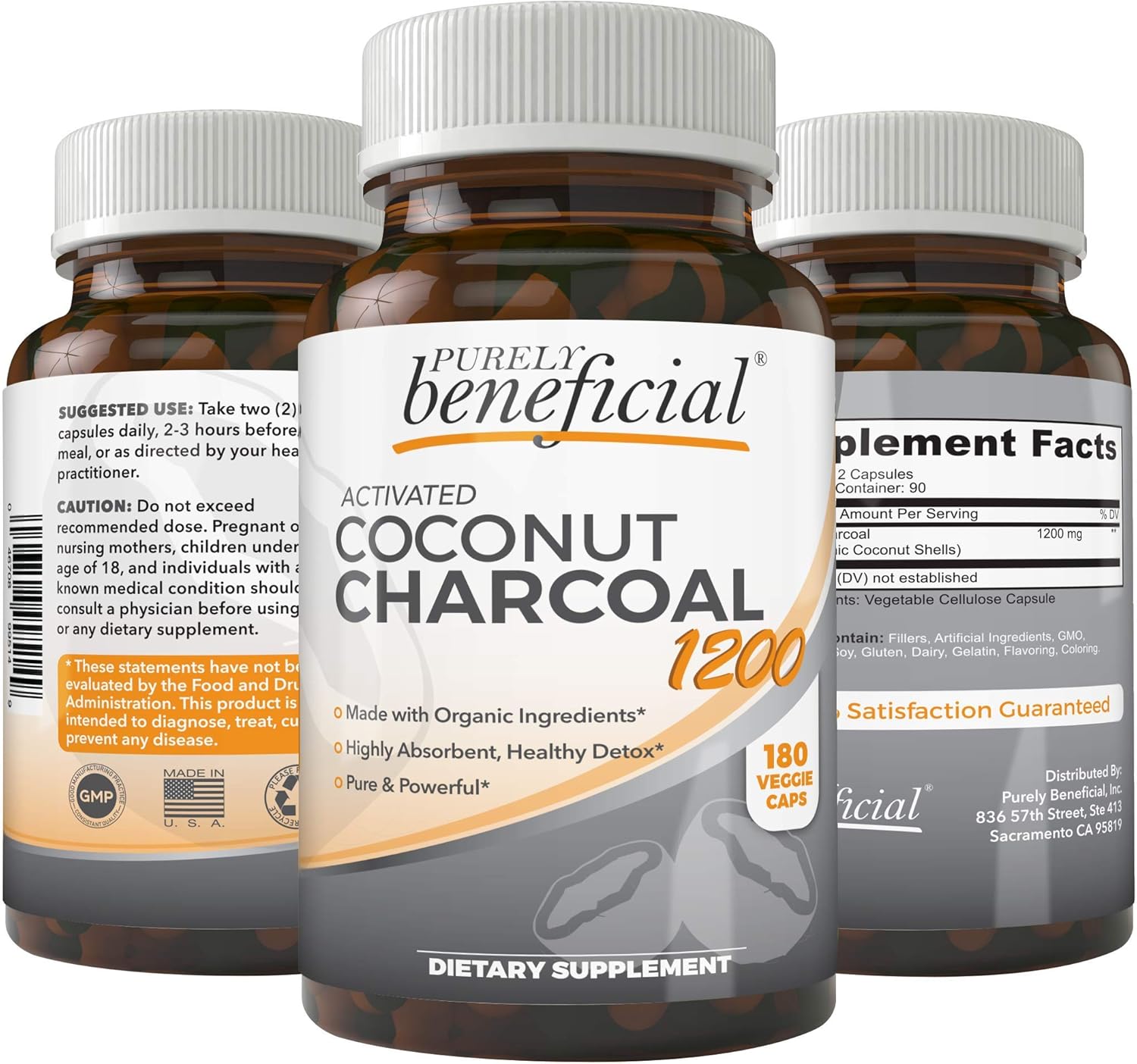 180 Capsules of 1200mg Activated Coconut Charcoal for Digestive System Support - Vegan Friendly Supplement for Bloating Relief