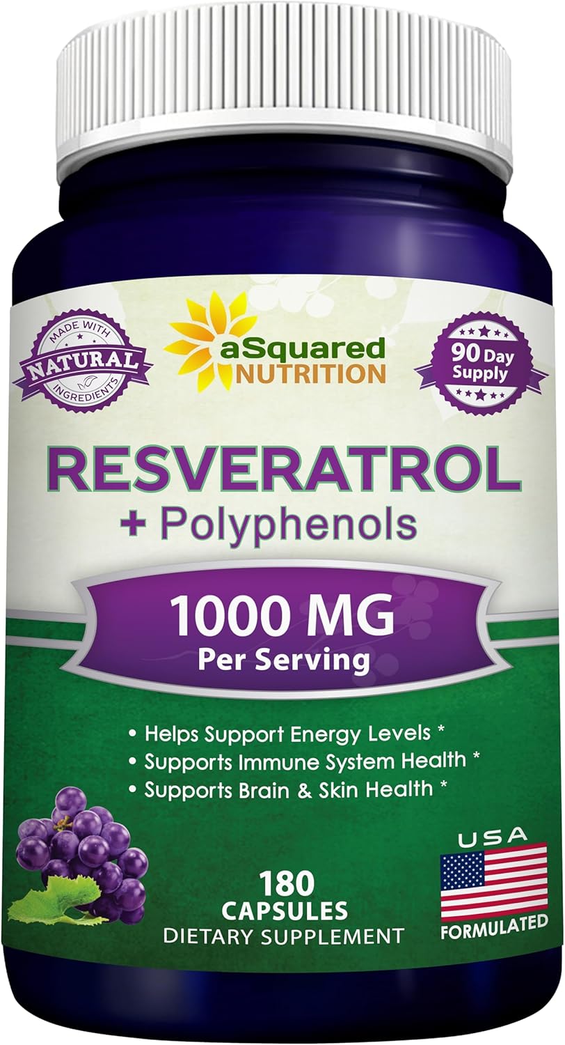 180 Capsules of aSquared Nutrition Natural Resveratrol with Red Wine Extract - Antioxidant Supplement for Heart Health - Extra Strength Trans-Resveratrol Pills