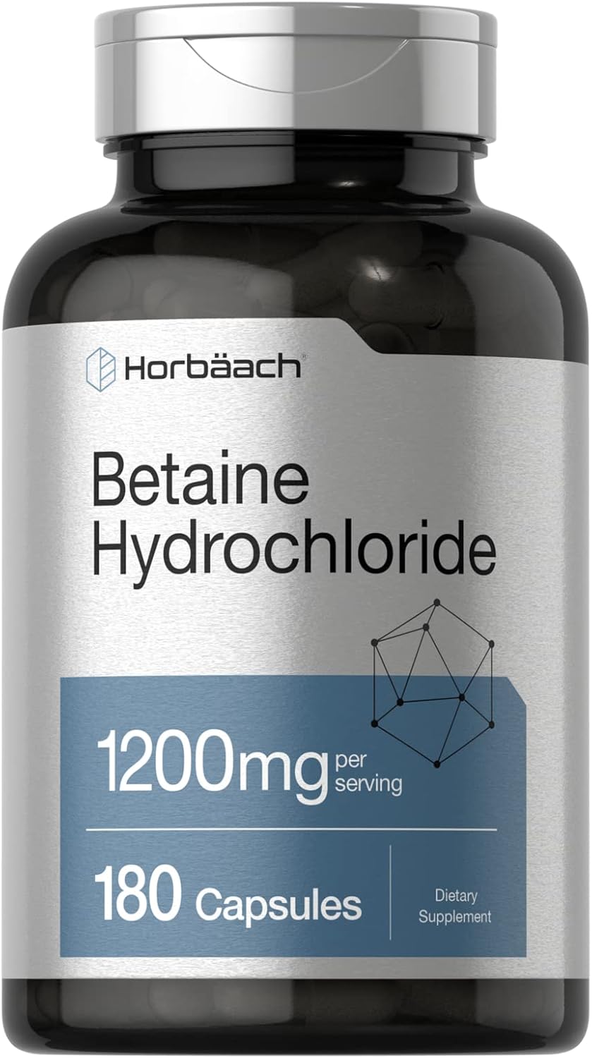 180 Capsules of Horbäach Betaine HCl 1200mg Supplement - Non-GMO and Gluten Free