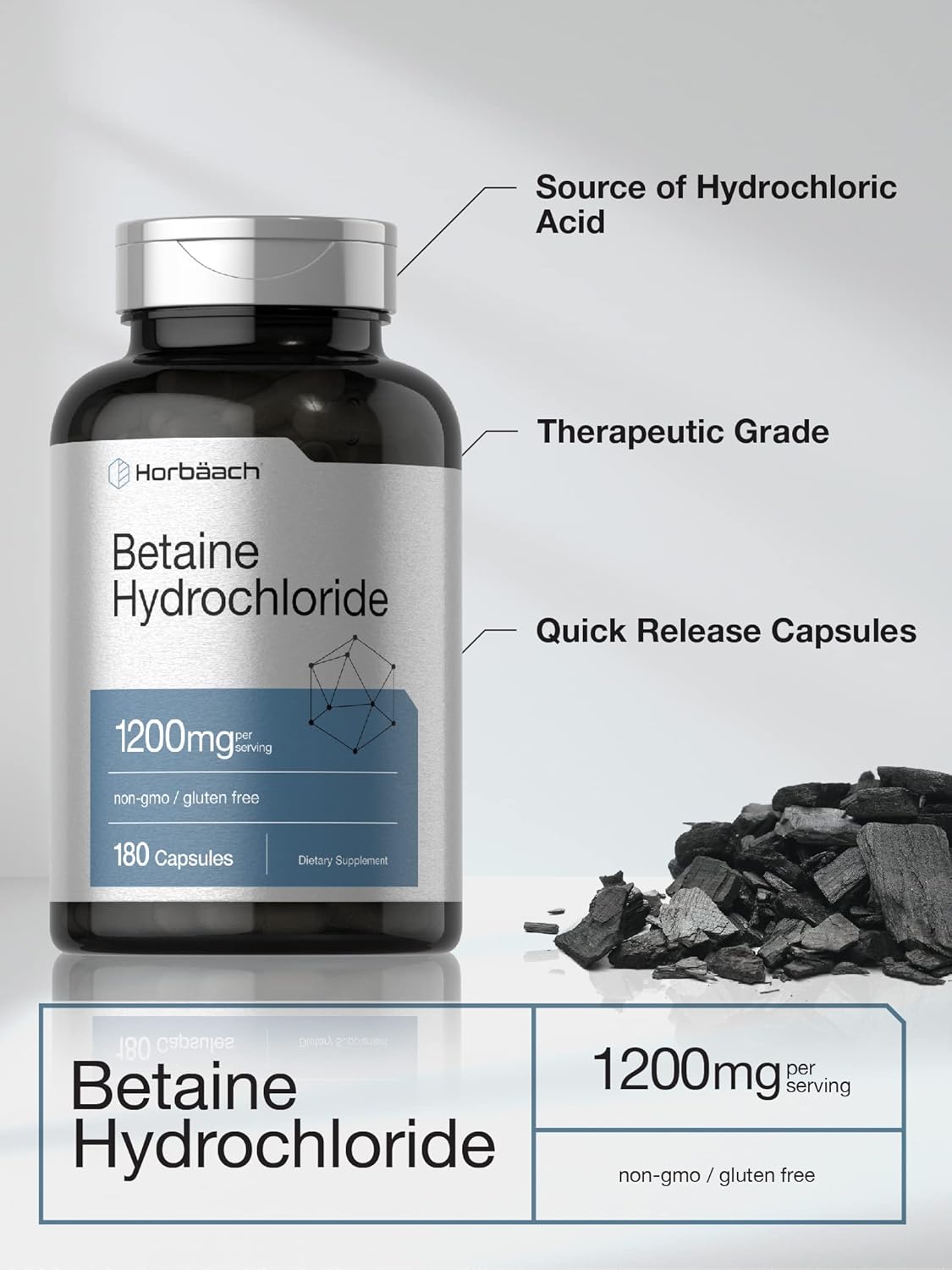 180 Capsules of Horbäach Betaine HCl 1200mg Supplement - Non-GMO and Gluten Free