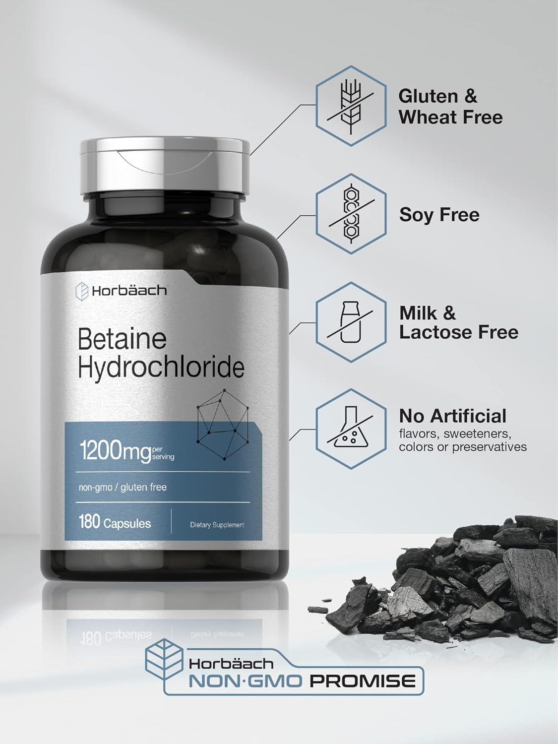 180 Capsules of Horbäach Betaine HCl 1200mg Supplement - Non-GMO and Gluten Free