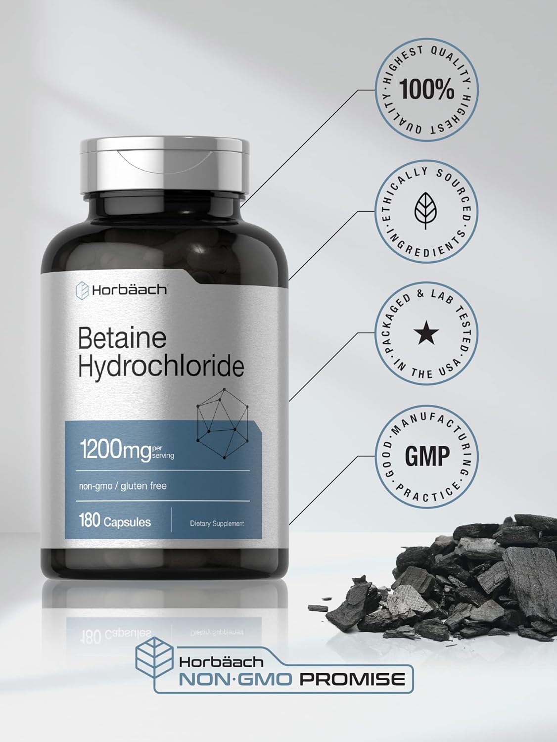 180 Capsules of Horbäach Betaine HCl 1200mg Supplement - Non-GMO and Gluten Free