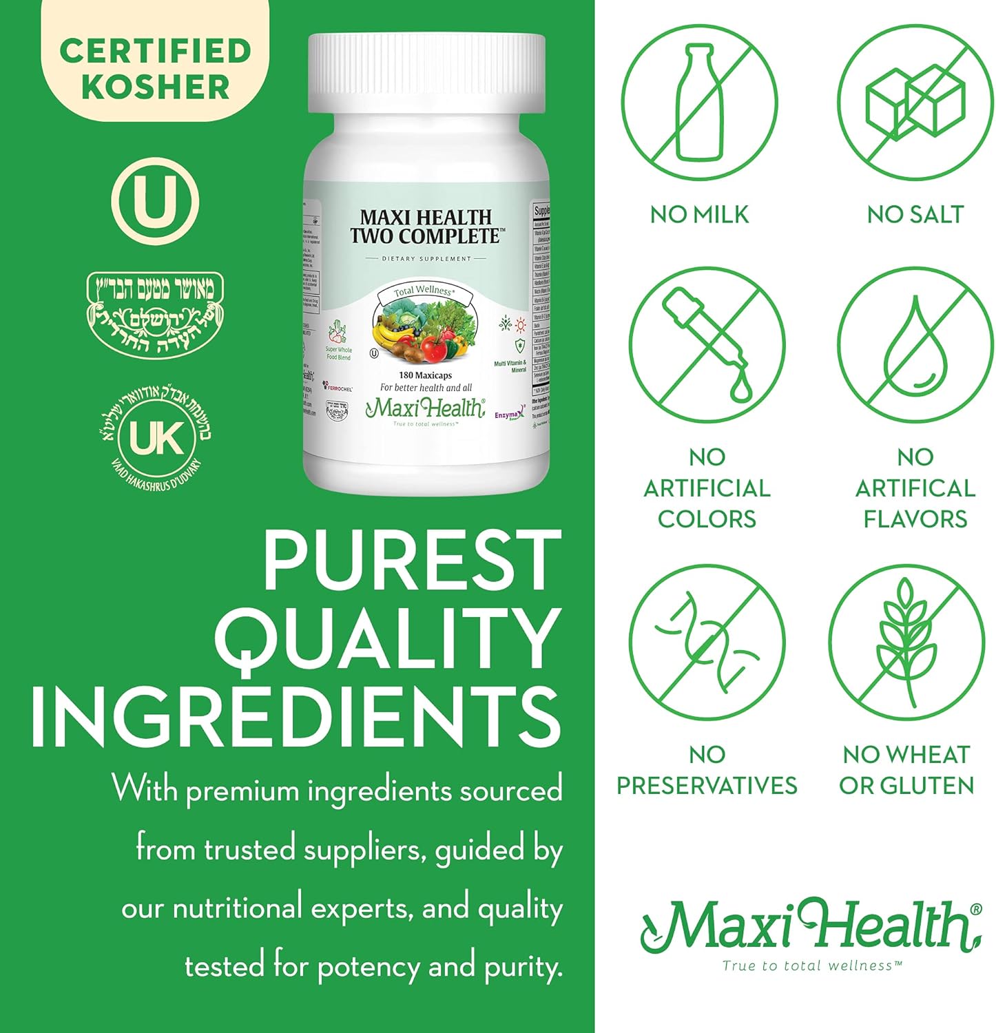 180 Capsules of Maxi Health Two Complete Multivitamins and Minerals, Full Potency, Kosher Formula