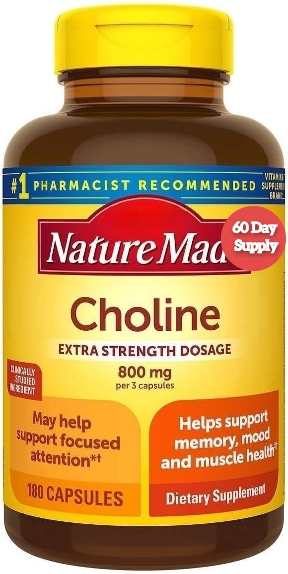 180 Capsules of Nature Made Choline 800 mg - Supports Memory, Mood, and Muscle Health - 60 Day Supply