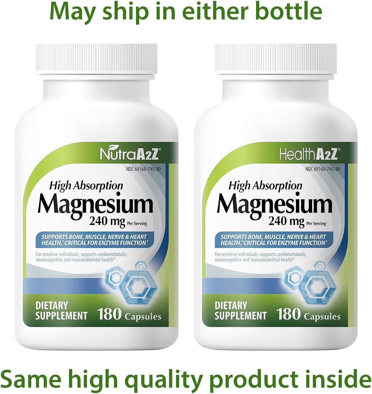 180 Capsules of NutraA2Z High Absorption 100% Chelated Magnesium Supplement - 240mg