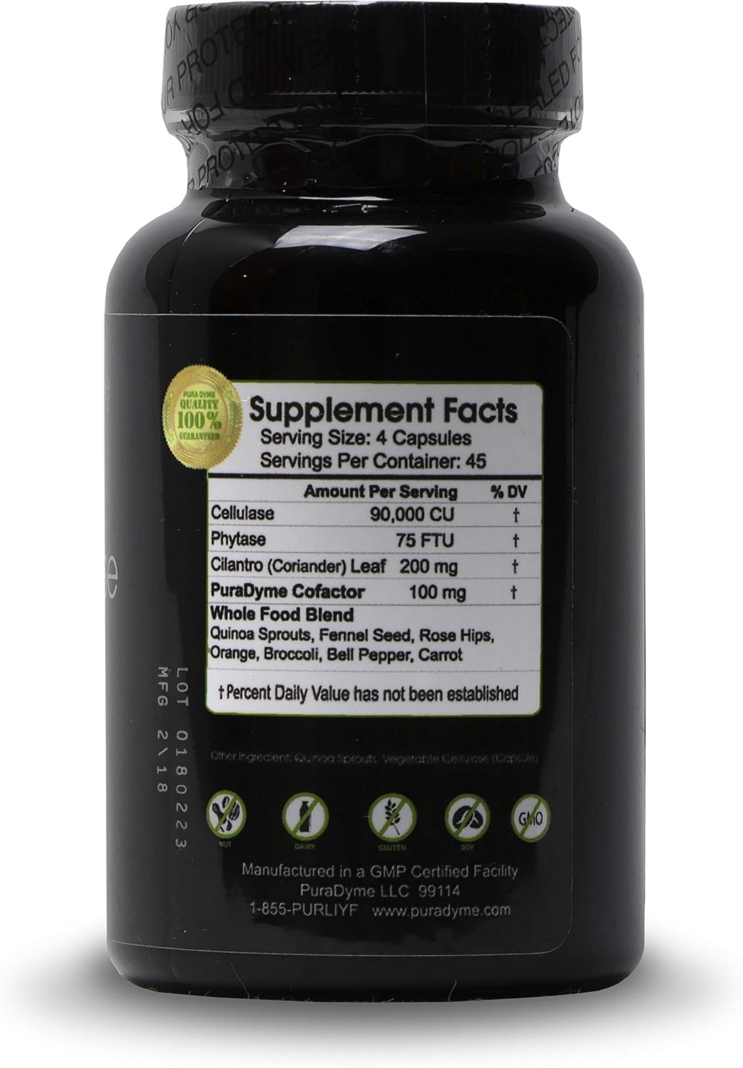 180 Capsules of PuraDyme Cellulase Individual Enzyme Supplement